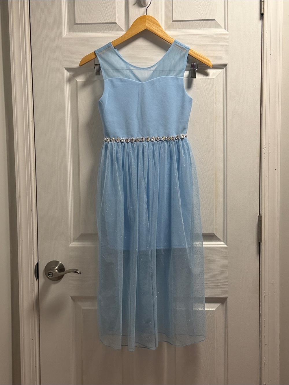 Cinderella-inspired Light Blue Girls' Sparkle Tulle Dress with Jewel Waist